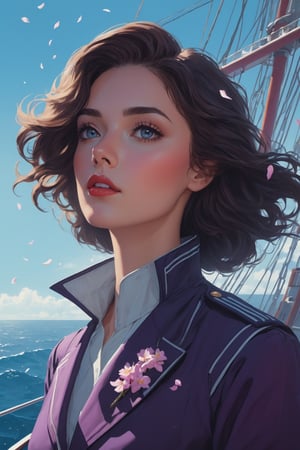 (Highest picture quality), (Prioritizing the exceptional image quality and astonishing level of detail), generate an awe-inspiring (photorealistic:1.1) a female,on ship,wind,missing someone sadly, petals,artwork portrait, adam hughes, sexy,Film Still,4nime style,greg rutkowski,xray,vaporwave style