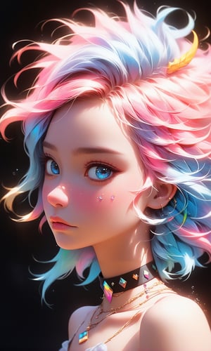 Portrait of 1 girl in a mid shot,featuring blue eyes,colored skin,facial mark,sporting a hair ornament,adorned with a choker and a tattoo,short hair with long strands cascading down,all set against a stark black background, digital painting,ultra fine,cinematic,golden ratio,High detailed,Disney pixar style,Dragon,crystalz,Extremely Realistic,ice and water