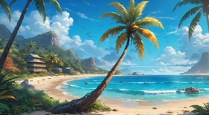 (fulldetail), (4k), 8k,long beach, tropical, bright,background art, relaxing concept art, immensely detailed scene, a beautiful artwork illustration, EpicSky,