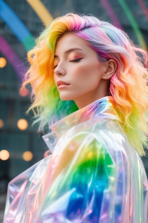 (masterpiece, best quality, anime), beautiful woman, upper body shot, eyes closed, rainbow hair, rainbow body, rainbow transparent coat,3d style