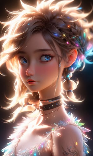 Portrait of 1 girl in a mid shot,featuring blue eyes,colored skin,facial mark,sporting a hair ornament,adorned with a choker and a tattoo,short hair with long strands cascading down,all set against a stark black background, digital painting,ultra fine,cinematic,golden ratio,High detailed,Disney pixar style,crystalz,Extremely Realistic,ice and water
