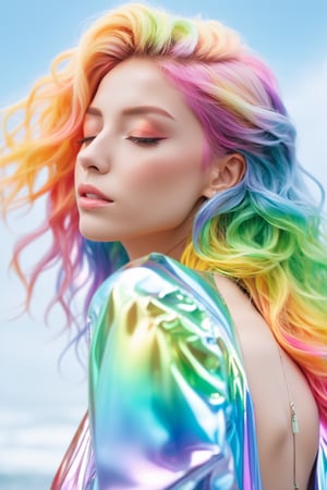 (masterpiece, best quality, anime), beautiful woman, upper body shot, eyes closed, rainbow hair, rainbow body, rainbow transparent coat,3d style