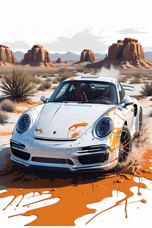 Centered image, bits of color, hand drawn, realistic sketch, Rough sketch, bold lines, splash art, Artwork design, white background, vehicle Porsche , desert, sunrise, flat illustration, high contrast, vibrant vector, vector image, 8k,dripping paint