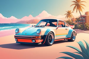 artwork graphic design, flat design of one retro ,retro car ,Porsche 930 car ,colorfull shades, highly detailed clean, photorealistic masterpiece, professional photography, sunrise beach backdrop ,flat white background, isometric, vibrant vector((city background))