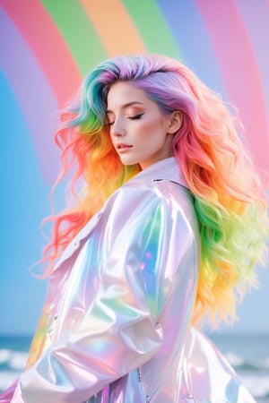 (masterpiece, best quality, anime), beautiful woman, upper body shot, eyes closed, rainbow hair, rainbow body, rainbow transparent coat,3d style