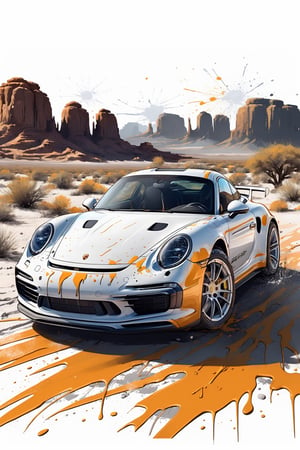 Centered image, bits of color, hand drawn, realistic sketch, Rough sketch, bold lines, splash art, Artwork design, white background, vehicle Porsche , desert, sunrise, flat illustration, high contrast, vibrant vector, vector image, 8k,dripping paint