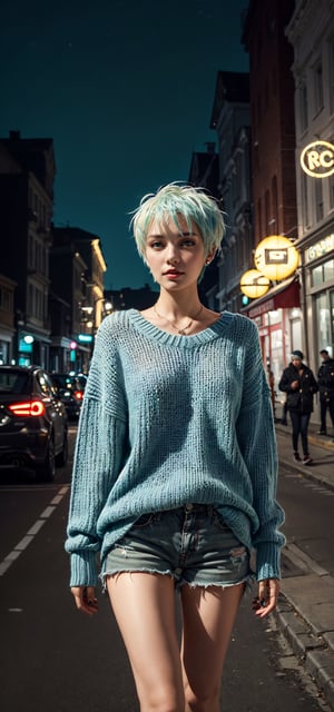 ((masterpiece, best quality, 1girl, solo)), a Influencer Ribbed Knit Short blue green light with white hair, street scene behide, ,GlowingRunes_