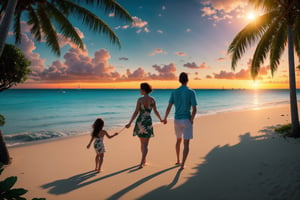 award winning photography, | bungalow, sunstet, sunset time, outdoors, tropical island, beach scenery, | hyperealistic shadows, Children , Couple walking on the beach,High detailed 