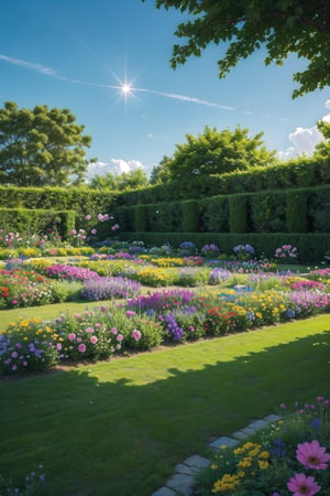 a beautiful flower garden, A garden filled with a vibrant display of colorful flowers. The sun is gently warming the scene, and there's a soft breeze rustling through the petals. 1