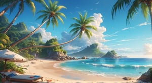 (fulldetail), (4k), 8k,beach, tropical, bright,background art, relaxing concept art, immensely detailed scene, a beautiful artwork illustration, EpicSky,