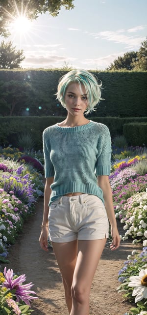 ((masterpiece, best quality, 1girl, solo)), a Influencer Ribbed Knit Short blue green light with white hair, a beautiful flower garden, A garden filled with a vibrant display of colorful flowers. The sun is gently warming the scene, and there's a soft breeze rustling through the petals scene behide ,GlowingRunes_