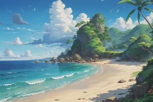 painting of beach, tropical, bright, anime background art, relaxing concept art, anime scenery concept art, immensely detailed scene, a beautiful artwork illustration, detailed scenery, studio ghibli environment, environment design illustration, highly detailed scene, beautiful anime scene, anime scenery, detailed soft painting, ghibli studio style, environment painting,EpicSky,