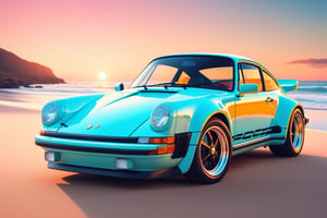 artwork graphic design, flat design of one retro ,retro car ,Porsche 930 car ,colorfull shades, highly detailed clean, photorealistic masterpiece, professional photography, sunrise beach backdrop ,flat white background, isometric, vibrant vector((city background))