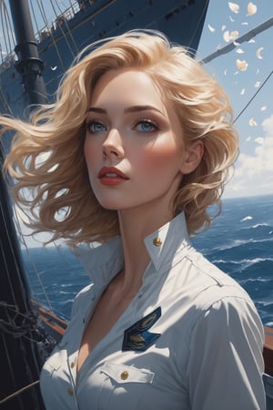 (Highest picture quality), (Prioritizing the exceptional image quality and astonishing level of detail), generate an awe-inspiring (photorealistic:1.1) a female,on ship,wind,missing someone sadly, petals,artwork portrait, adam hughes, sexy,Film Still,4nime style,greg rutkowski,xray