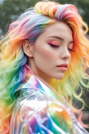 (masterpiece, best quality, anime), beautiful woman, upper body shot, eyes closed, rainbow hair, rainbow body, rainbow transparent coat,3d style