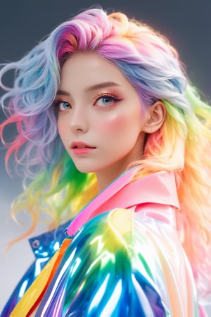 (masterpiece, best quality, anime), beautiful woman, upper body shot, beautiful eyes, rainbow hair, rainbow body, beautiful transparent coat,3d style