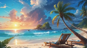 (fulldetail), (4k), 8k,beach, tropical, bright,background art, relaxing concept art, immensely detailed scene, a beautiful artwork illustration, EpicSky,