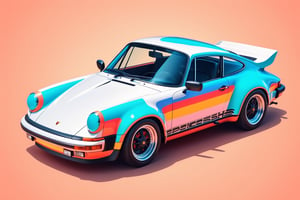 artwork graphic design, flat design of one retro ,retro car ,Porsche 930 car ,colorfull shades, highly detailed clean, photorealistic masterpiece, professional photography, sunrise beach backdrop ,flat white background, isometric, vibrant vector((city background))