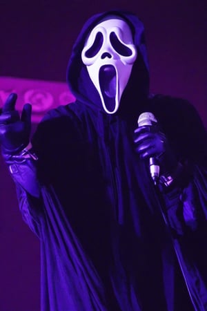 Ghostface, solo, open mouth, neon background, gloves, 1boy, male, black gloves, hood, mask, hood up, black border, black boots, on stage, audience, singing, mic in hand, full_body, 