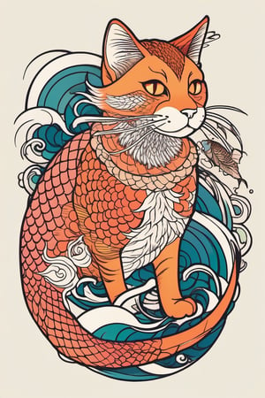 there is a cat and a carp fish tattoo, detailed cat, anime manga!! cat tattoo, Japanese art style, colorful illustration for tattoo, by Kan9an, ukiyoe style, Japanese illustration, by Shiba K0kan, line art illustration