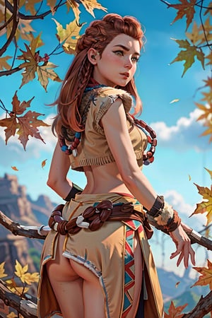 (masterpiece, best quality)1girl, AloyHorizon, solo, long hair, brown hair, brown eyes, jewelry, closed weapon, braid, cowboy shot, outdoors, sky, red hair, day, necklace, tree, blue sky, lips, looking to the side, fur trim, leaf, feathers, realistic, branch, autumn leaves, tribal, multiple braids, sexy poses, curvy_figure, big tits, fat ass, naked , no_clothes