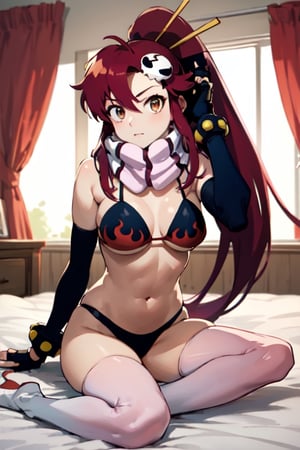 masterpiece, best quality, highres, yl1, ponytail, scarf, bikini only, midriff, fingerless gloves, skull hair ornament, elbow gloves, pink thighhighs, on bed, sitting_down,Yoko Littner, 