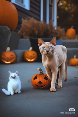 no humans, animal focus, cat, haunted house background, animal, outdoors, looking at viewer, sphynx cat, blue-eyes, next to jack-o'-lantern,