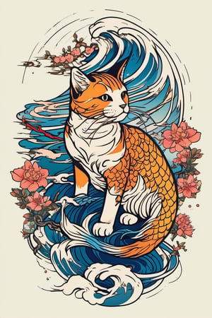 there is a cat and a carp fish tattoo, detailed cat, anime manga!! cat tattoo, Japanese art style, colorful illustration for tattoo, by Kan9an, ukiyoe style, Japanese illustration, by Shiba K0kan, line art illustration