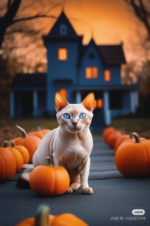no humans, animal focus, cats, haunted house background, animal, outdoors, looking at viewer, sphynx cats, blue-eyes, next to jack-o'-lantern,