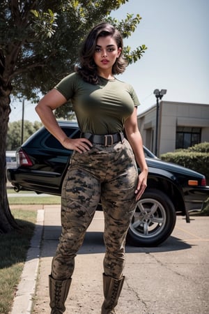 a photo of 20y.o. woman, tan skin,abs:, dim lit, high detailed skin, detailed eyes, 8k uhd, intricate details, best quality, analog style, instagram, curvy, Pin up Girl style, short black hair, beauty marks,  outdoors (blushing face:1.2),tight clothes (wearing bootsnutes, shirt tucked in, green shirt, t-shirt, digital camo pants, black belt, belt),standing,hands on hips,eleanor butterbean,bootsnutes, big tits,