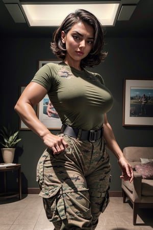 a photo of 20y.o. woman, tan skin,abs:, high detailed skin, detailed eyes, 8k uhd, intricate details, best quality, analog style, instagram, curvy figure,  short black hair, beauty marks,  indoors (blushing face:1.2),tight clothes (wearing bootsnutes, shirt tucked in, green shirt, t-shirt, digital camo pants, black belt, belt),eleanor butterbean, sexy poses 