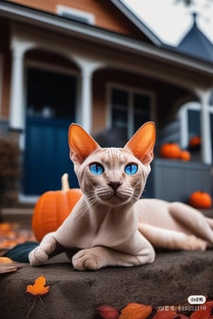 no humans, animal focus, cat, haunted house background, animal, outdoors, looking at viewer, sphynx cat, blue-eyes, next to jack-o'-lantern,