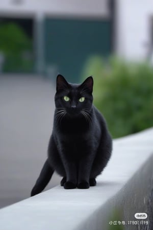 no humans, animal focus, cat, city background, animal, outdoors, looking at viewer, black cat, green-eyes
