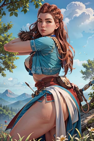 (masterpiece, best quality)1girl, AloyHorizon, solo, long hair, brown hair, brown eyes,  braid, outdoors, sky, red hair, tree, blue sky, lips, looking to the side, realistic, sexy poses, curvy_figure, big tits, fat ass, 