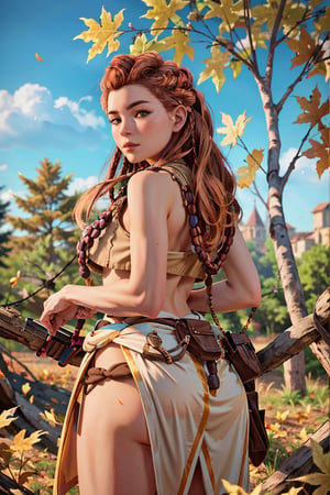 (masterpiece, best quality)1girl, AloyHorizon, solo, long hair, brown hair, brown eyes,  braid, cowboy shot, outdoors, sky, red hair, day, necklace, tree, blue sky, lips, looking to the side, realistic, branch, autumn leaves, tribal, multiple braids, sexy poses, curvy_figure, big tits, fat ass, naked , no_clothes