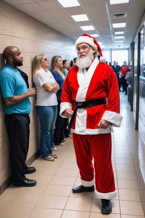 1 Santa, (standing in line), inside the bank, normal people are in line with him. He is waiting his turn. DMV, bank, line of people, stress, pressed for time, (((he stops a bank robbery with a karate chop)))
,reinopool, pool, indoors, tile floor, tile wall