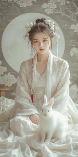 A young woman in a beautiful white hanfu sits on a soft, patterned fabric. She is adorned with delicate floral hair ornaments and a red tassel hangs from her waist. Her expression is serene and elegant, her gaze directed towards the viewer. A white rabbit sits beside her, adding a touch of innocence and charm to the scene. The background features a large moon, creating a sense of cultural richness and mystique. 