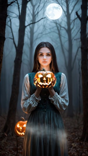 A spooky art drawing of a woman standing in a dimly lit, eerie forest. She holds a glowing pumpkin in her hands, casting an ominous light on her face. Her expression is one of mystery and intrigue, with a slight smile. The background features twisted trees and a full moon, creating a haunting atmosphere. The composition is centered, with the woman in the foreground and the forest in the background, emphasizing the spooky mood.