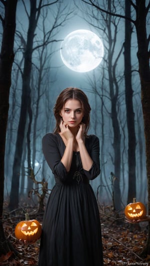 A spooky art drawing of a woman standing in a dimly lit, eerie forest. She holds a glowing pumpkin in her hands, casting an ominous light on her face. Her expression is one of mystery and intrigue, with a slight smile. The background features twisted trees and a full moon, creating a haunting atmosphere. The composition is centered, with the woman in the foreground and the forest in the background, emphasizing the spooky mood.