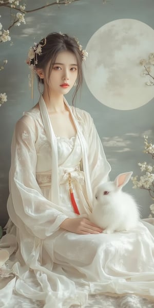 A young woman in a beautiful white hanfu sits on a soft, patterned fabric. She is adorned with delicate floral hair ornaments and a red tassel hangs from her waist. Her expression is serene and elegant, her gaze directed towards the viewer. A white rabbit sits beside her, adding a touch of innocence and charm to the scene. The background features a large moon, creating a sense of cultural richness and mystique. 