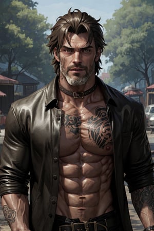 a 35 year old male, handsome, slim, thin, ((dark alley)), anime 2.5D, look at viewer, ((body hair)),beard, all fours, outdoors, collar on neck, slave tag, tattoos, rolling eyes