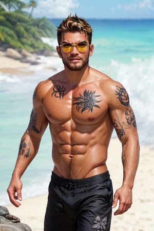 a 55 year old male, handsome, standing, ((sun glasses)), upper body close up, tan skin, beach, anime 2.5D, look at viewer, ((sweating)), wet body, ((body hair)),beard, black tattoos 