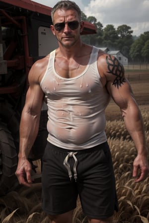 ((realistic)) ,55 years old, 185cm, 45kg, 10% body fats, handsome, man ,( tan_body), sunglasses, ((sweating)), farm, farmer, outdoor, (white tank_top), shorts, dark_skin, mature, corn filed , tattoo on the right arm, body_hair, furry, wet_clothes,chubby