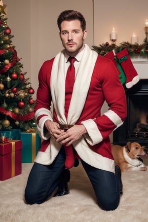 gay,man,handsome, muscular,sexy,realistic,realistic, best shadow, RAW,without noise,clear ,(best quality):1.5,Christmas,christmas_clothes,christmas_clothing,slave,dog slaves ,bounded,tied_up,kneel,dodgy like kneeling ,o faces 