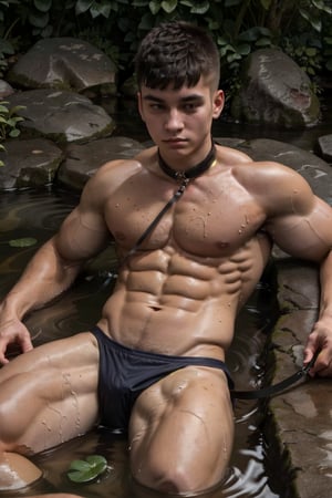 A 25-year-old man, 175cm, 75kg, with a physique boasting 15% body fat and a luscious coat of bushy body hair. He sits comfortably in the warm waters of a natural hot spring, his wide-set eyes gazing out into the distance as he wears a leash collar, adding an air of playful submission to his relaxed demeanor. His upper body is fully immersed in the water, his strong physique rippling beneath the surface as he settles in for a soothing soak.