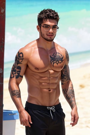 a 25 year old male, handsome, standing, ((sun glasses)), upper body close up, tan skin, beach, anime 2.5D, look at viewer, ((sweating)), wet body, ((body hair)),beard, black tattoos 