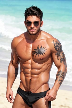 a 25 year old male, handsome, standing, ((sun glasses)), upper body close up, tan skin, beach, anime 2.5D, look at viewer, ((sweating)), wet body, ((body hair)),beard, black tattoos 