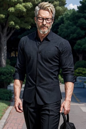 a 45 year old male, solo, handsome, anime 2.5D, outdoors, glasses, beard, standing, eyes closed, ((suit)), (((arms behind back))), upper body close up