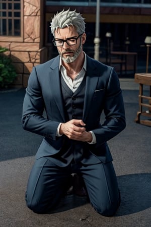 a 45 year old male, solo, handsome, anime 2.5D, outdoors, glasses, beard, ((kneeling on floor)),eyes closed, ((suit)),arms behind back