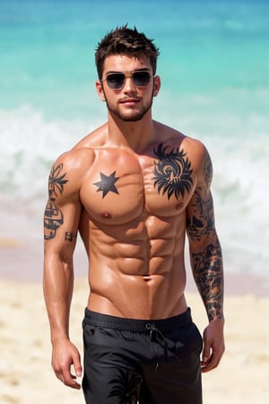 a 25 year old male, handsome, standing, ((sun glasses)), upper body close up, tan skin, beach, anime 2.5D, look at viewer, ((sweating)), wet body, ((body hair)),beard, black tattoos 